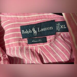 Men’s Linen Ralph Lauren Pink & White Striped Button Down Shirt, size XL, EUC